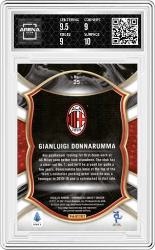 Gianluigi Donnarumma from the 2020-21 Panini Chronicles set graded by Arena Club and given an overall grade of 9.5.