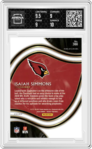 Isaiah Simmons from the 2020 Panini Select set featuring a Silver Prizm parallel graded by Arena Club and given an overall grade of 9.5.