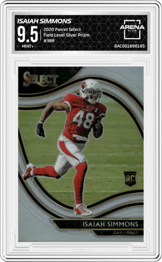 Isaiah Simmons from the 2020 Panini Select set featuring a Silver Prizm parallel graded by Arena Club and given an overall grade of 9.5.