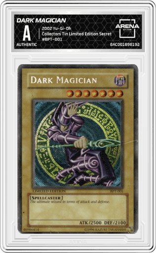 Dark Magician from the 2002 Yu-Gi-Oh set featuring a Limited Edition parallel graded by Arena Club.