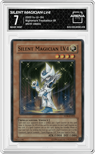 Silent Magician LV4 from the 2005 Yu-Gi-Oh! set graded by Arena Club and given an overall grade of 7.