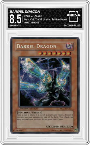 Barrel Dragon from the 2004 Yu-Gi-Oh! set featuring a Limited Edition parallel graded by Arena Club and given an overall grade of 8.5.