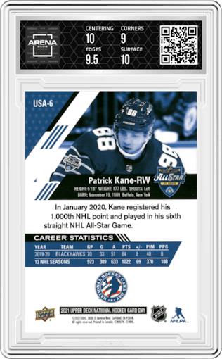 Patrick Kane from the 2021 Upper Deck National Hockey Card Day set graded by Arena Club and given an overall grade of 9.5.