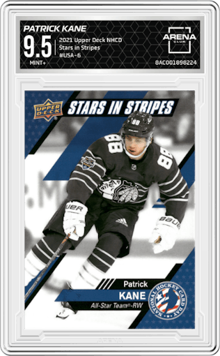 Patrick Kane from the 2021 Upper Deck National Hockey Card Day set graded by Arena Club and given an overall grade of 9.5.