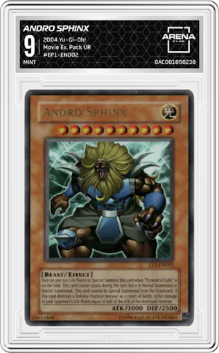 Andro Sphinx from the 2004 Yu-Gi-Oh!  set graded by Arena Club and given an overall grade of 9.