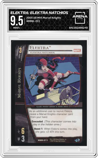 Elektra: Elektra Natchios from the 2005 Upper Deck Entertainment Marvel Vs. System Marvel Knights set graded by Arena Club and given an overall grade of 9.5.