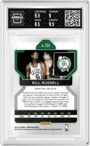 Bill Russell from the 2021-22 Panini Prizm  set graded by Arena Club and given an overall grade of 9.