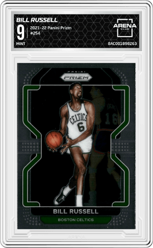 Bill Russell from the 2021-22 Panini Prizm  set graded by Arena Club and given an overall grade of 9.