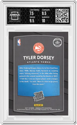 Tyler Dorsey from the 2017-18 Panini Donruss Optic set graded by Arena Club and given an overall grade of 8.