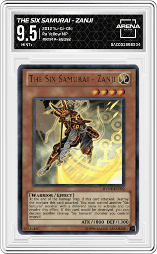 The Six Samurai - Zanji from the 2012 Yu-Gi-Oh! set graded by Arena Club and given an overall grade of 9.5.