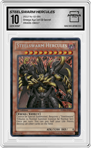 Steelswarm Hercules from the 2012 Yu-Gi-Oh! set graded by Arena Club and given an overall grade of 10.