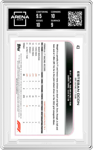 Esteban Ocon from the 2022 Topps Chrome F1 set featuring a B&W RayWave parallel graded by Arena Club and given an overall grade of 9.5.