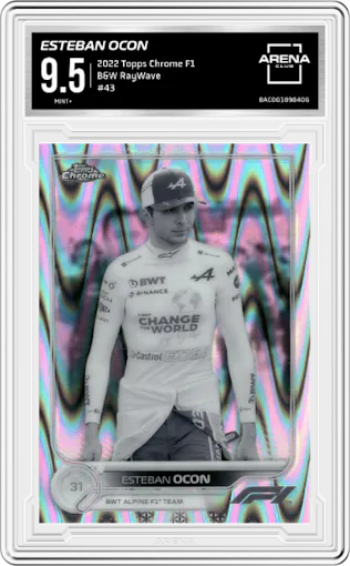 Esteban Ocon from the 2022 Topps Chrome F1 set featuring a B&W RayWave parallel graded by Arena Club and given an overall grade of 9.5.
