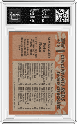 Pete Rose from the 1988 Topps set graded by Arena Club and given an overall grade of 4.