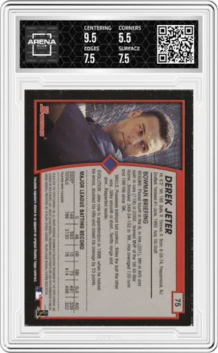 Derek Jeter from the 2001 Bowman set graded by Arena Club and given an overall grade of 6.