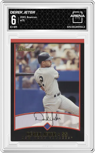 Derek Jeter from the 2001 Bowman set graded by Arena Club and given an overall grade of 6.