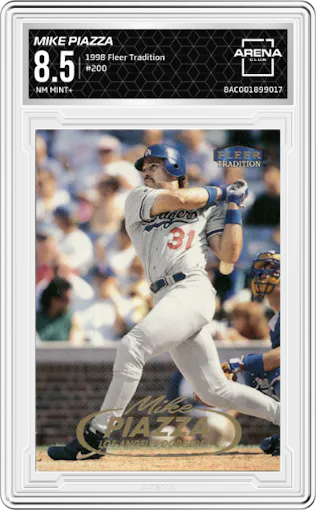 Mike Piazza from the 1998 Fleer Tradition set graded by Arena Club and given an overall grade of 8.5.