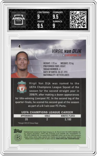 Virgil van Dijk from the 2021-22 Topps Stadium Club Chrome UEFA Champions League set graded by Arena Club and given an overall grade of 9.5.