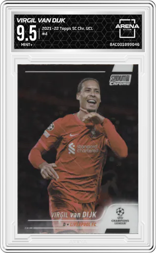 Virgil van Dijk from the 2021-22 Topps Stadium Club Chrome UEFA Champions League set graded by Arena Club and given an overall grade of 9.5.
