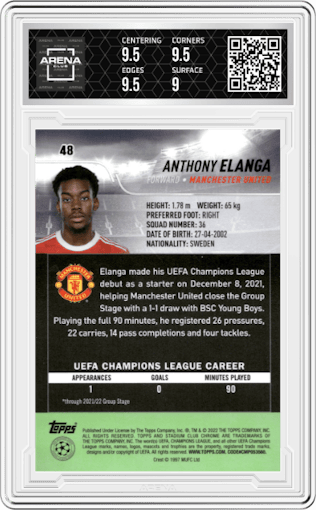 Anthony Elanga  from the 2021-22 Topps Stadium Club Chrome UEFA Champions League set graded by Arena Club and given an overall grade of 9.5.