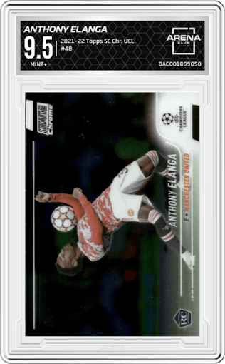 Anthony Elanga  from the 2021-22 Topps Stadium Club Chrome UEFA Champions League set graded by Arena Club and given an overall grade of 9.5.