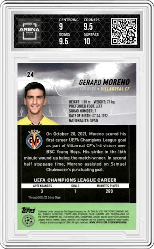 Gerard Moreno from the 2021-22 Topps Stadium Club Chrome UEFA Champions League set graded by Arena Club and given an overall grade of 9.5.