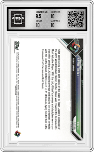 Shohei Ohtani from the 2023 Topps Now World Baseball Classic set graded by Arena Club and given an overall grade of 10.