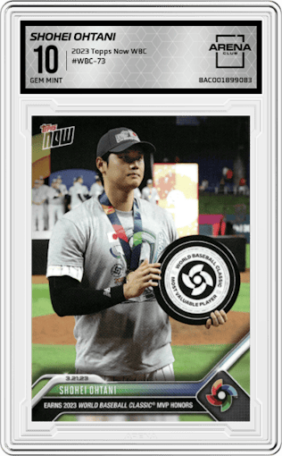 Shohei Ohtani from the 2023 Topps Now World Baseball Classic set graded by Arena Club and given an overall grade of 10.