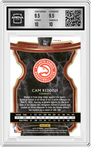 Cam Reddish from the 2019-20 Panini Select set featuring a Tri-Color parallel graded by Arena Club and given an overall grade of 10.