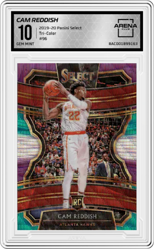 Cam Reddish from the 2019-20 Panini Select set featuring a Tri-Color parallel graded by Arena Club and given an overall grade of 10.