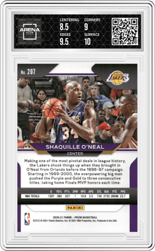 Shaquille O'Neal from the 2020-21 Panini Prizm set graded by Arena Club and given an overall grade of 9.