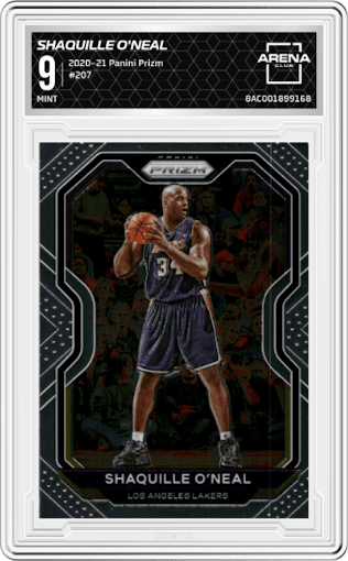 Shaquille O'Neal from the 2020-21 Panini Prizm set graded by Arena Club and given an overall grade of 9.