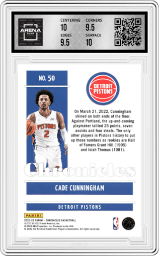 Cade Cunningham from the 2021-22 Panini Chronicles set graded by Arena Club and given an overall grade of 10.