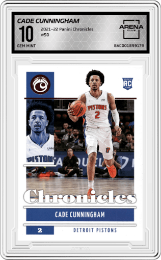 Cade Cunningham from the 2021-22 Panini Chronicles set graded by Arena Club and given an overall grade of 10.