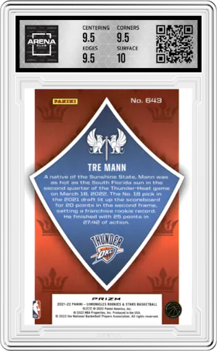 Tre Mann from the 2021-22 Panini Chronicles set featuring a Pink parallel graded by Arena Club and given an overall grade of 10.