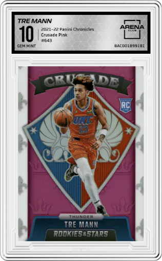 Tre Mann from the 2021-22 Panini Chronicles set featuring a Pink parallel graded by Arena Club and given an overall grade of 10.