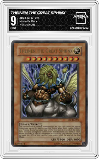 Theinen the Great Sphinx from the 2004 Yu-Gi-Oh!  set graded by Arena Club and given an overall grade of 9.