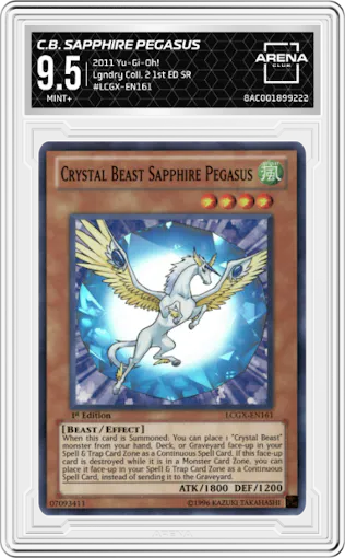 Crystal Beast Sapphire Pegasus from the 2011 Yu-Gi-Oh! set graded by Arena Club and given an overall grade of 9.5.