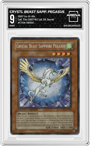 Crystal Beast Sapphire Pegasus from the 2007 Yu-Gi-Oh! set featuring a Limited Edition parallel graded by Arena Club and given an overall grade of 9.