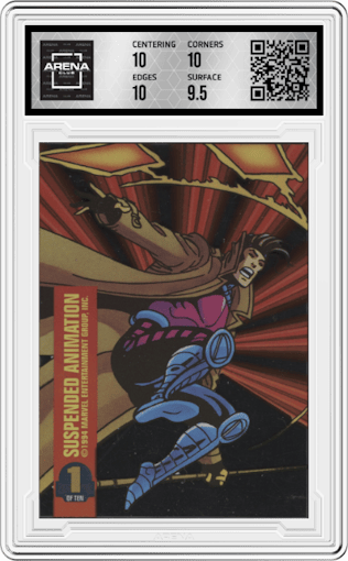 Gambit from the 1994 Fleer Marvel Universe  set graded by Arena Club and given an overall grade of 10.