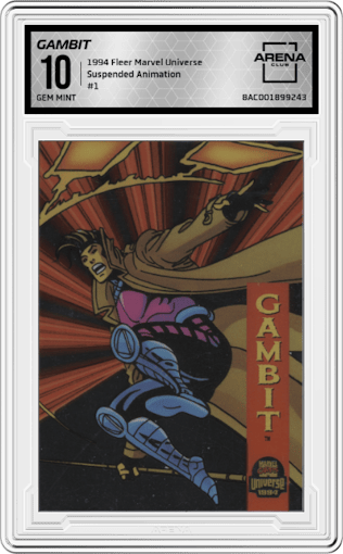 Gambit from the 1994 Fleer Marvel Universe  set graded by Arena Club and given an overall grade of 10.
