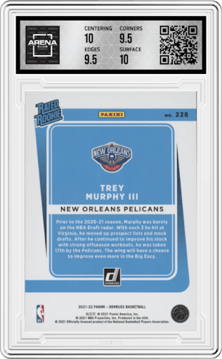 Trey Murphy III from the 2021-22 Panini Donruss set graded by Arena Club and given an overall grade of 10.