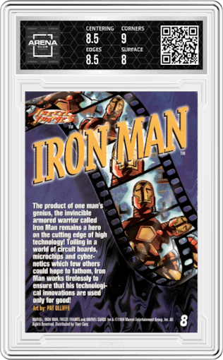 Iron Man from the 1994 Fleer Marvel Universe  set graded by Arena Club and given an overall grade of 8.5.