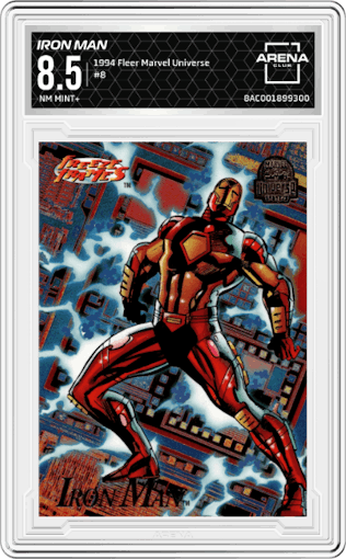 Iron Man from the 1994 Fleer Marvel Universe  set graded by Arena Club and given an overall grade of 8.5.