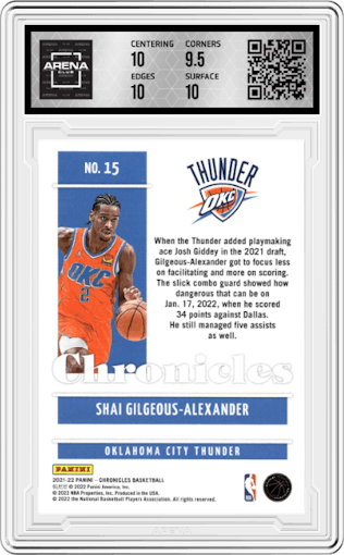 Shai Gilgeous-Alexander from the 2021-22 Panini Chronicles set graded by Arena Club and given an overall grade of 10.