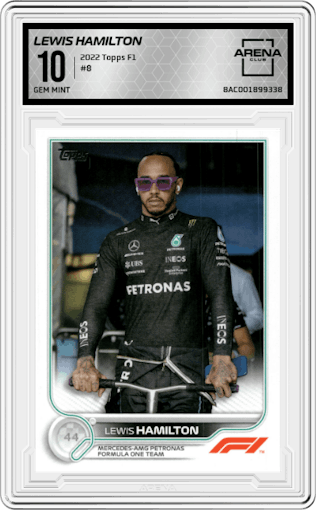 Lewis Hamilton from the 2022 Topps F1 set graded by Arena Club and given an overall grade of 10.