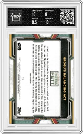 Grogu's Balancing Act from the 2022 Topps Star Wars The Book of Boba Fett set featuring a Purple parallel graded by Arena Club and given an overall grade of 8.5.