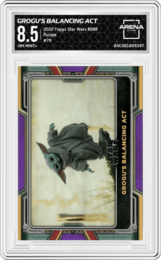 Grogu's Balancing Act from the 2022 Topps Star Wars The Book of Boba Fett set featuring a Purple parallel graded by Arena Club and given an overall grade of 8.5.