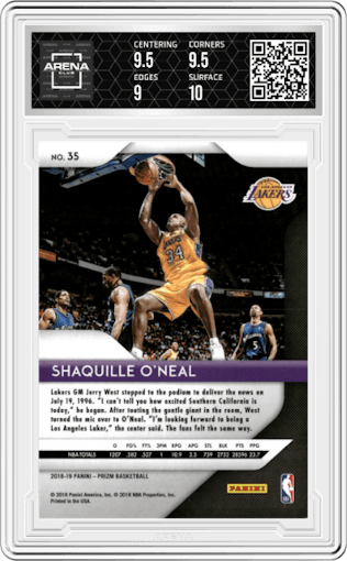 Shaquille O'Neal from the 2018-19 Panini Prizm set graded by Arena Club and given an overall grade of 9.5.