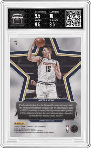 Nikola Jokic from the 2021-22 Panini Donruss Elite  set graded by Arena Club and given an overall grade of 9.